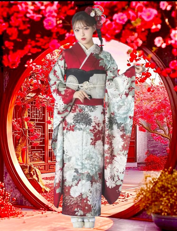 コンサドーレ札幌カラーの赤黒振袖を着た女性の前撮り写真｜札幌で個性的な成人式振袖レンタル